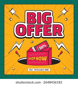 Big super sale comic style banner with discount offer. shopping festival super sale banner. Flash sale special offer banner for social media post or website banner. big sale campaign