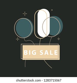 Big super sale. Emblems in shape of round bomb, tags with threads, and rectangular cards vector illustrations.