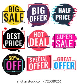 Big, super sale, special, great offer, best price. hot deal, 50% off.  Badges, icons, stamps set. Vector illustrations on white background. Business concept.