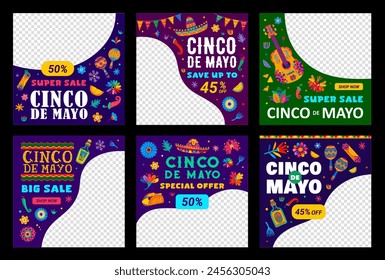 Grandes Plantillas de súper venta para la oferta de descuento de vacaciones del Cinco de Mayo en México, publicaciones en redes sociales de Vector. Anuncios mexicanos de sombrero, guitarra y tequila en venta promociones y promociones de descuento en tiendas