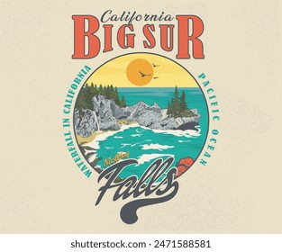 Obra de arte de Big Sur. Aventura en la montaña ilustraciones gráficas para camiseta y otros. Playa con obras de arte de la colina. Montaña con diseño de estampado vintage de árbol. Cascada McWay Falls en California. Océano Pacífico.