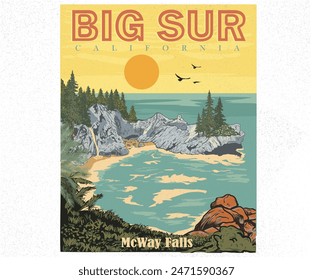 Obra de arte de Big Sur. Aventura en la montaña ilustraciones gráficas para camiseta y otros. Playa con obras de arte de la colina. Montaña con diseño de estampado vintage de árbol. Cascada McWay Falls en California.