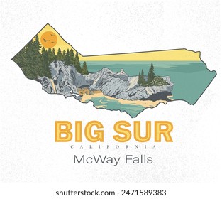 Big sur con el mapa de California. Obra de arte de Big Sur. Aventura en la montaña ilustraciones gráficas para camiseta y otros. Playa con obras de arte de la colina. Cascada McWay Falls en California.