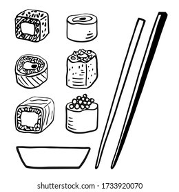 Big sushi set. Japanese food. Vector illustration of sushi, chopsticks, bowl for souce. Doodle sushi. Vector seafood. 