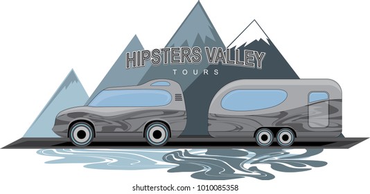 Big SUV car with travel trailer fantasy design side view, modern family traveling concept. Vector illustration