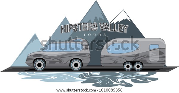 Big SUV car with\
travel trailer fantasy design side view, modern family traveling\
concept. Vector\
illustration