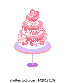 Big sweet baked cake decorated with floral elements on table, multilayer colorful wedding cake with two hearts, flat desserts isolated vector illustration