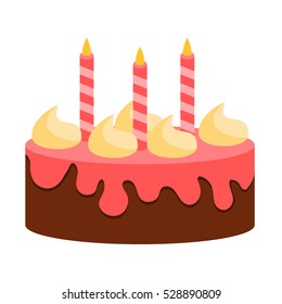 big sweet cake with cream and three candles, happy birthday cake vector illustration isolated on white background
