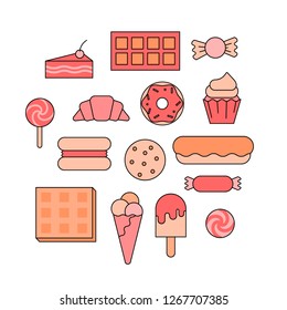 Big sweet set of desserts - cake and donut, ice cream and croissant, macaroon and waffles. Vector illustration in flat and line style