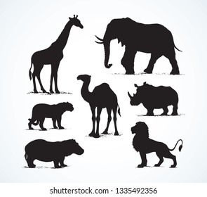 Big tall heavy power tusk ungulate Africana tropical jungle fauna beast on white background. Dark black ink hand drawn high danger leo creature logo emblem pictogram in art retro engrave contour style