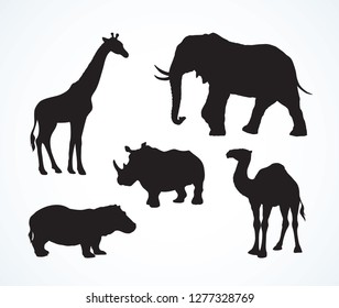 Big tall heavy powerful ungulate Africana tropical jungle fauna beast isolated on white background. Dark black ink hand drawn logo emblem picture in art retro print style. Side view on space for text