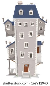 Big Tall House Building/ Illustration Of A Cartoon Old High And Big Building Home With Windows, Apartments And Outbuildings On Each Side And Stairs