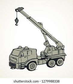 Big tall jib erection height winch carrier lifter on white sky backdrop. Freehand line black ink hand drawn logo pictogram emblem sketchy in art retro doodle.