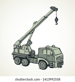Big tall jib erection height winch carrier lifter on white sky backdrop. Freehand line black ink hand drawn logo pictogram emblem sketchy in art retro doodle cartoon style pen on paper space for text