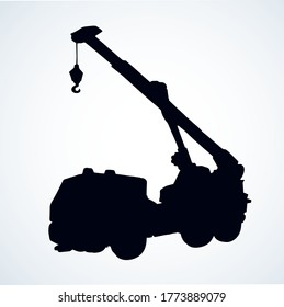 Big tall jib erection height winch carrier hang hoist metal lifter on white sky backdrop. Dark black color ink hand drawn logo pictogram emblem in art modern contour print style with space for text