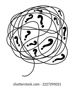 Big tangle of bubbles of confused thoughts with question marks. Vector linear drawing doodle. Psychological concept of problem solving.