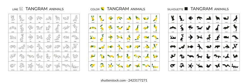 Gran rompecabezas de tangrama para niños. Animales analgésicos. Ilustraciones de líneas, colores y siluetas. Iconos aislados sobre fondo blanco. Juego infantil para el desarrollo cerebral. Ilustración vectorial de material.