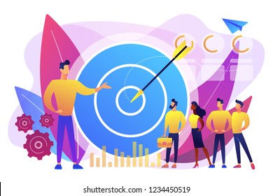 Big Target, Manager And Employees Engaged In Company Goals. Internal Marketing, Company Goals Promotion, Employee Engagement Concept. Bright Vibrant Violet Vector Isolated Illustration