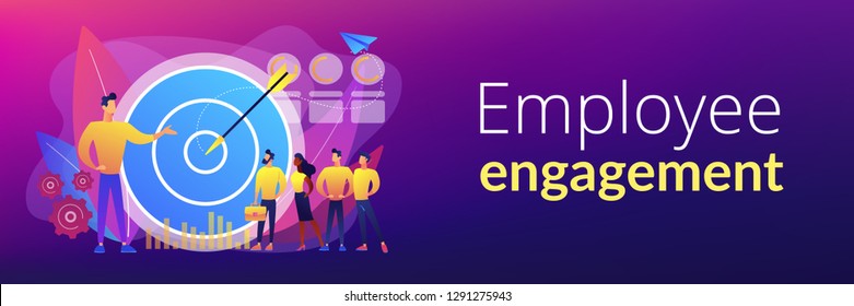 Big Target, Manager And Employees Engaged In Company Goals. Internal Marketing, Company Goals Promotion, Employee Engagement Concept. Header Or Footer Banner Template With Copy Space.