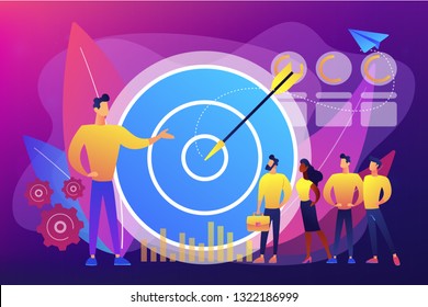 Big target, manager and employees engaged in company goals. Internal marketing, company goals promotion, employee engagement concept. Bright vibrant violet vector isolated illustration