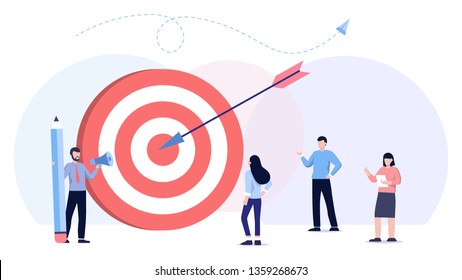 Big target, manager and employees engaged in company goals. Internal marketing, company goals promotion, employee engagement concept. Header or footer banner template. Teamwork, leadership