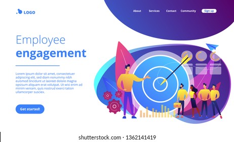 Big target, manager and employees engaged in company goals. Internal marketing, company goals promotion, employee engagement concept. Website vibrant violet landing web page template.