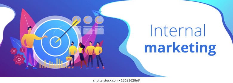 Big Target, Manager And Employees Engaged In Company Goals. Internal Marketing, Company Goals Promotion, Employee Engagement Concept. Header Or Footer Banner Template With Copy Space.