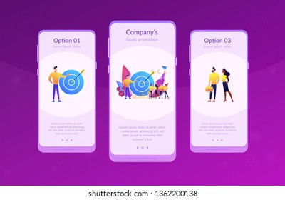 Big target, manager and employees engaged in company goals. Internal marketing, company goals promotion, employee engagement concept. Mobile UI UX GUI template, app interface wireframe