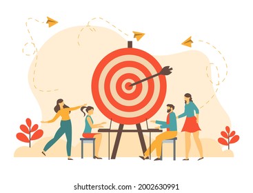 Big target, manager and employees engaged in company goals. Internal marketing, company goals promotion, employee engagement concept. Bright vibrant vector isolated illustration.