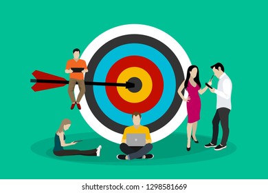 Big target, people engaged in company goals. Internal marketing, company goals promotion concept. 