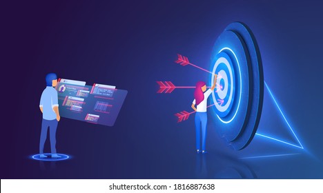 Big target with people, teamwork, people their goal, target achievement. Target with arrow in bullseye. Team of workers dealing with setting goals. Concept for web page, banner, presentation.