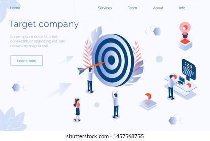 Big target with tiny managers and employees engaged in company development. Internal marketing, promotion, business planning, achieving goal concept. Landing page, website, app, banner temlate.