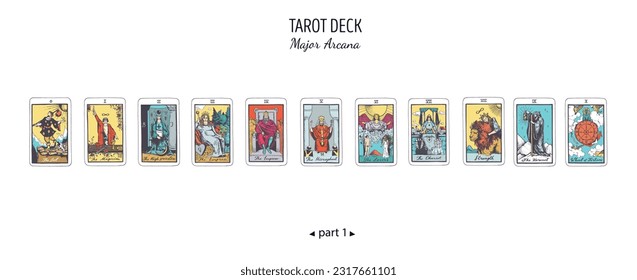 Big Tarot card deck.  Major arcana set part 2  . Vector hand drawn engraved style. Occult and alchemy symbolism. The fool, magician, high priestess, empress, emperor, lovers, hierophant, chariot