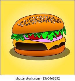 Big tasty burger on yellow background. Vector illustration