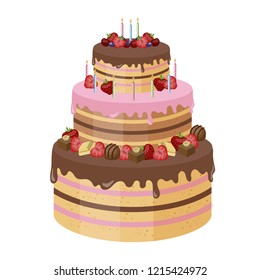 Big tasty cake with candle and berries for birthday or wedding party. Anniversary celebration element decoration. Vector illustration in cartoon style
