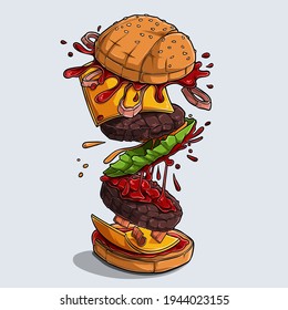 Big tasty and delicious hamburger with flying ingredients, Explosive burger