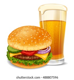 Big tasty hamburger with beer glass. Lovely snack. Realistic vector illustration. Isolated on white background.