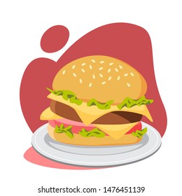 Big tasty hamburger with cheese, tomato and beef between delicious bun. Fast food with sauce. Isolated flat vector illustration