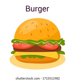 Big tasty hamburger with cheese, tomato and beef between delicious bun. Fast food with sauce. Isolated flat vector illustration