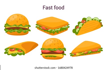 Big tasty hamburger and sandwich with cheese, tomato and beef between delicious bun. Taco and burrito. Fast food with sauce. Isolated vector illustration in cartoon style