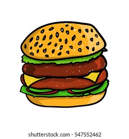 Big and tasty hamburger. Vector doodle illustration