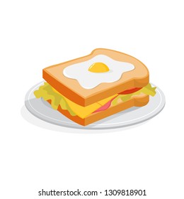 Big tasty sandwich with cheese and egg for breakfast. Fresh delicious snack. Isolated vector illustration in cartoon style