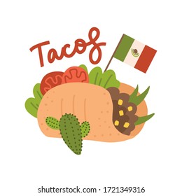 Big tasty Taco concept with Mexican flag. Tacos mexican food. Traditional tacos isolated on white background. Flat hand drawn vector illustration.