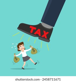 Big tax foot stepping on businesswoman between debt tax. 
Tax Cricis Concept.Flat, Vector, Illustration, Cartoon, EPS10. 