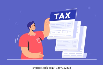 Big tax form or annual notification of monthly duty and debt. Flat vector illustration of cute man standing near a big tax form and pointing to the summary amount before doing payment