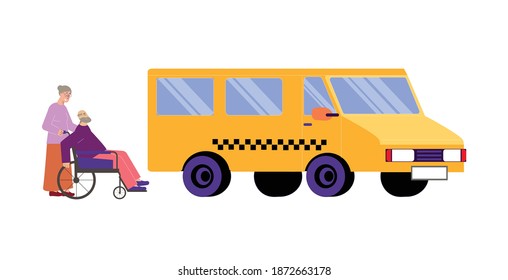 Big taxi car for disabled person on wheelchair flat vector illustration