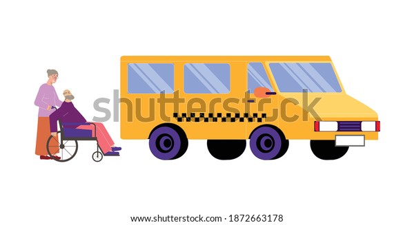 Big taxi car for disabled person on\
wheelchair flat vector\
illustration
