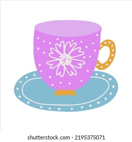 Big tea cup with an intricate ornament. Tea time illustration, flat vector illustration in hand drawn style.