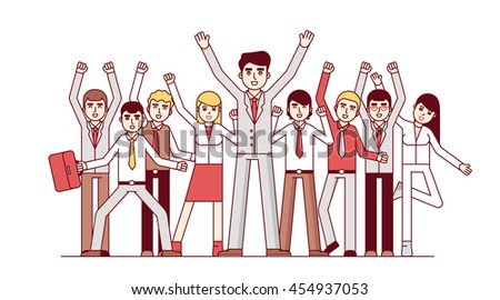 Big team celebrating huge success and business achievements. Standing together and waving hands. Modern flat style thin line vector illustration isolated on white background.