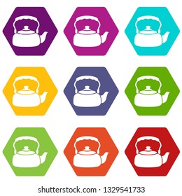 Big teapot icons 9 set coloful isolated on white for web